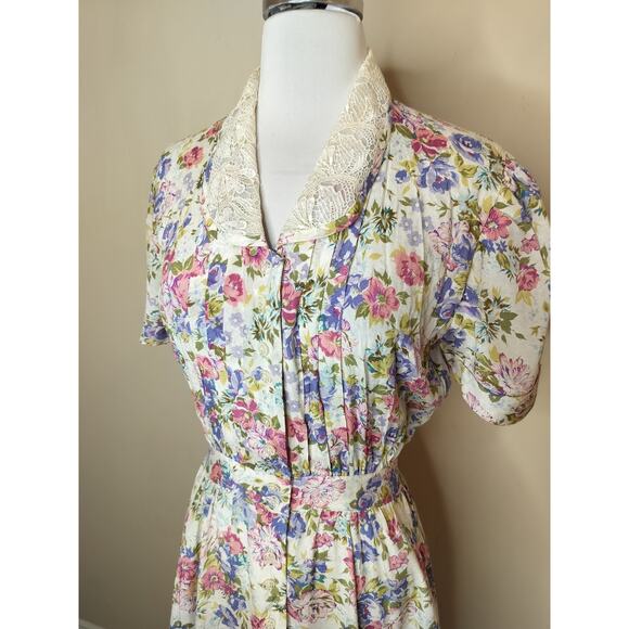 Vintage Karin Stevens Floral Button Up Midi Dress Lace Collar - Picture 4 of 15
